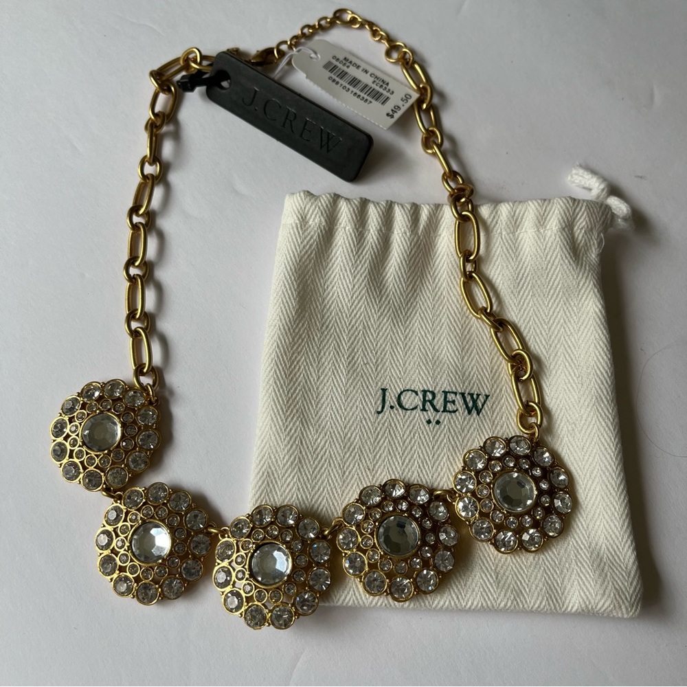 Vintage J. Crew Gold Tone Rhinestone Medallion Flowers Statement Necklace NWT